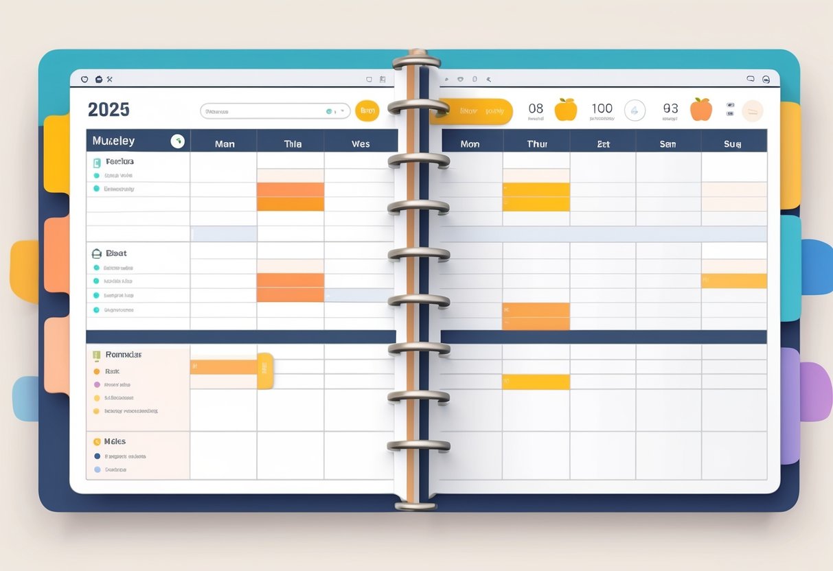 A detailed digital daily planner interface showing hourly time slots and organized schedule blocks for a day in 2025.