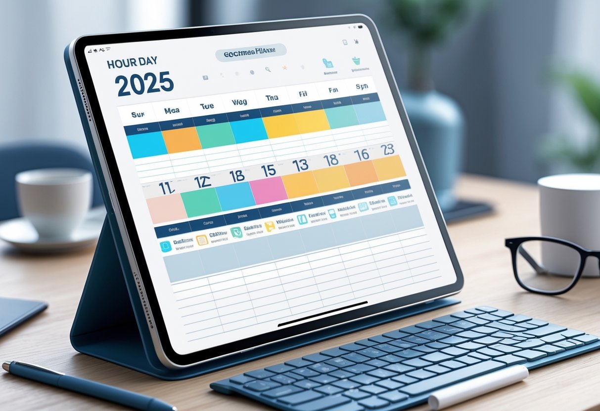 An open digital planner on a tablet showing a detailed hourly schedule for 2025, placed on a desk with a stylus, coffee cup, and glasses nearby.