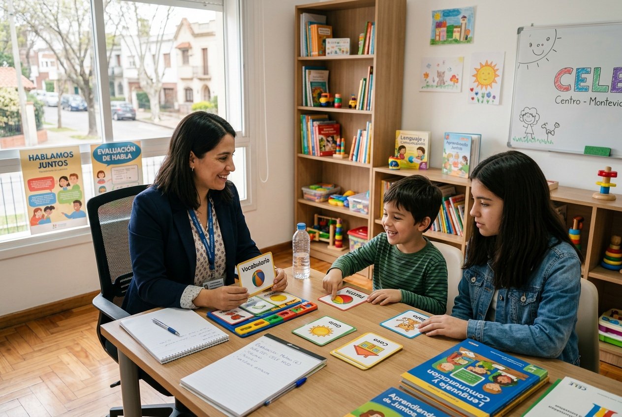 Una terapeuta del habla evaluando a un niño y una adolescente en una clínica luminosa y acogedora.