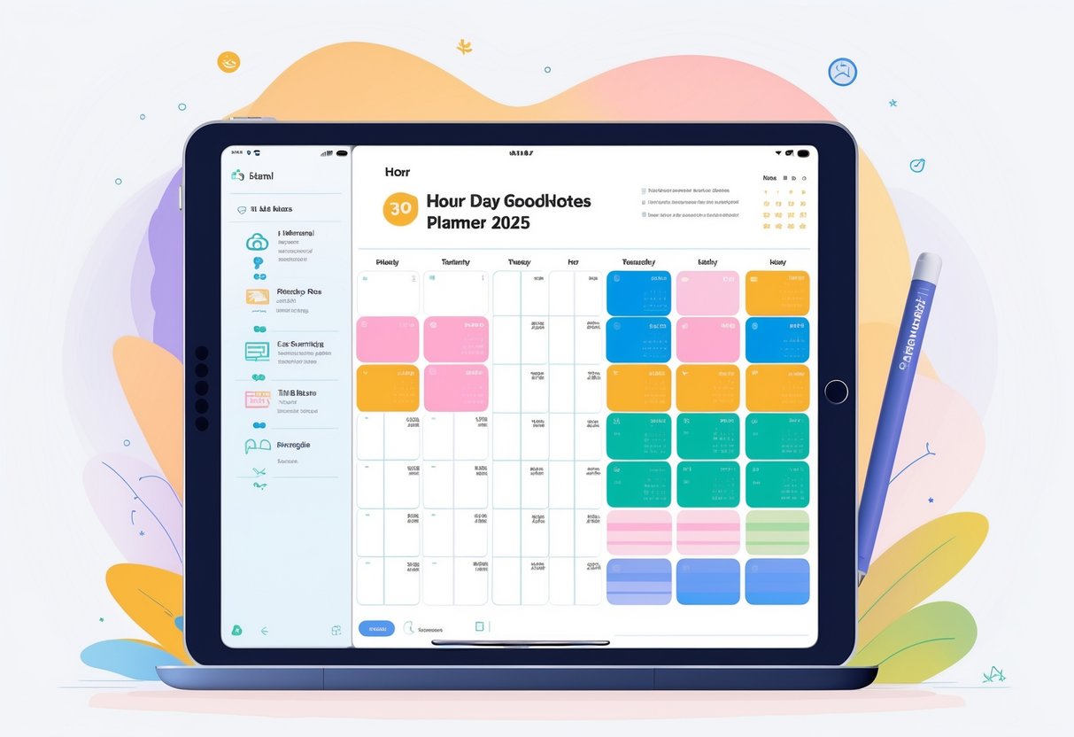An open digital planner on a tablet displaying a detailed hourly schedule with color-coded time blocks and task entries, surrounded by icons for calendar, notes, and reminders.