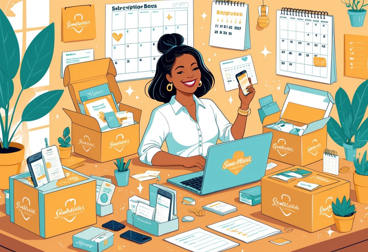 A woman working in a home office surrounded by open subscription boxes containing business and self-care items, with plants and a calendar in the background.