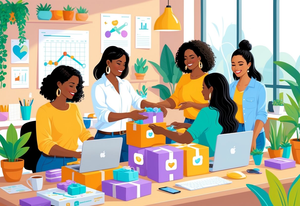 A group of women working together in a bright workspace, packing subscription boxes surrounded by laptops, charts, and plants.