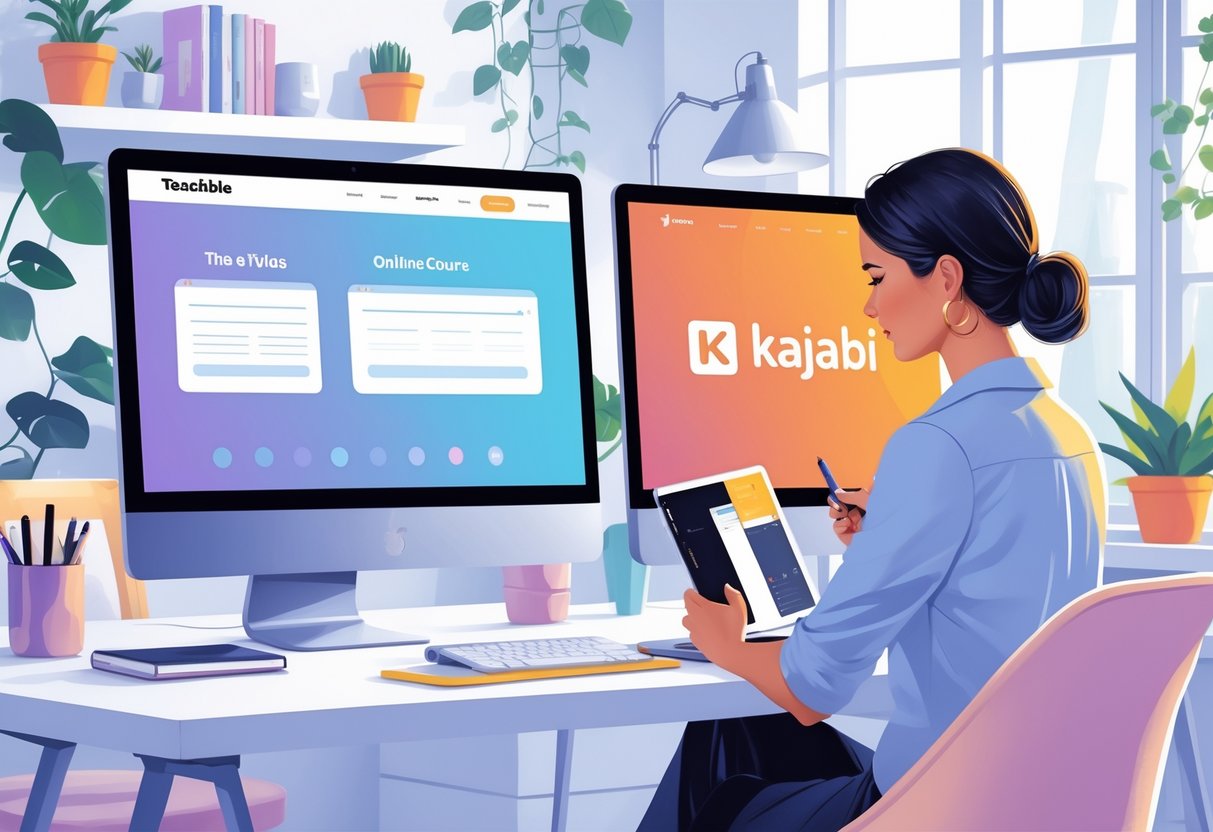 A mom sitting at a desk in a home office, looking at two laptops side by side, each showing a different online course platform interface, with a cozy background including plants and children's items.