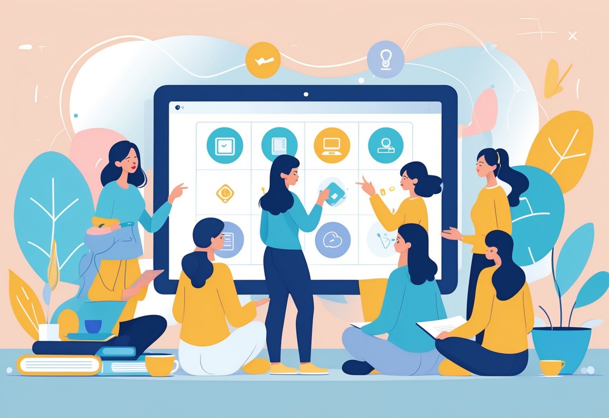 A group of moms gathered around a tablet in a cozy home setting, discussing and exploring online course platforms together.