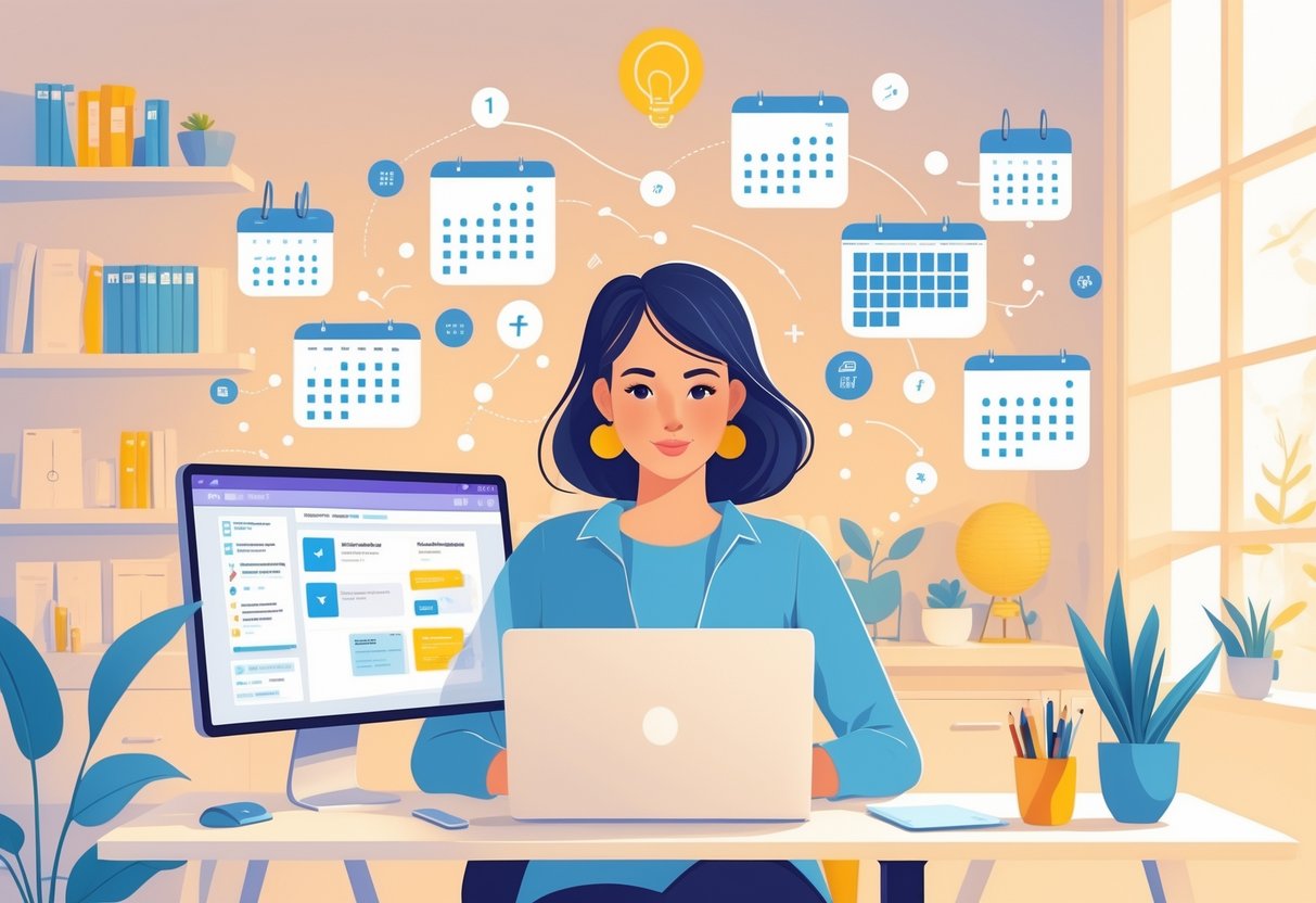 A mother working at a desk on a laptop with icons of calendars and course modules floating around her, representing online course creation and schedule management.