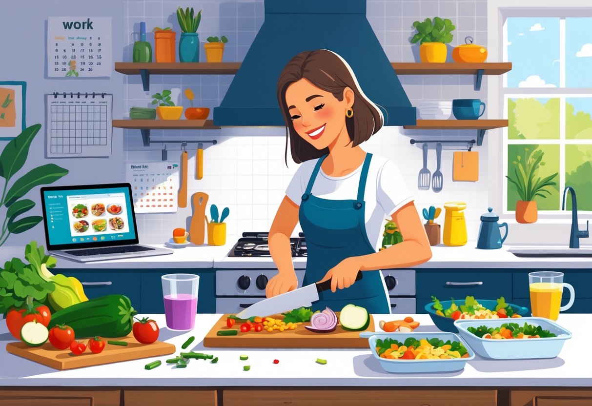 A mom preparing a meal in the kitchen while her young child plays nearby and a laptop shows a work video call.