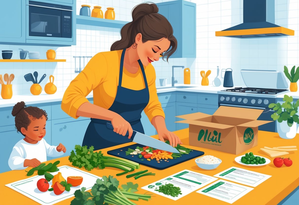 A busy mom preparing a meal in a kitchen with a child playing nearby and a meal kit box with ingredients on the counter.