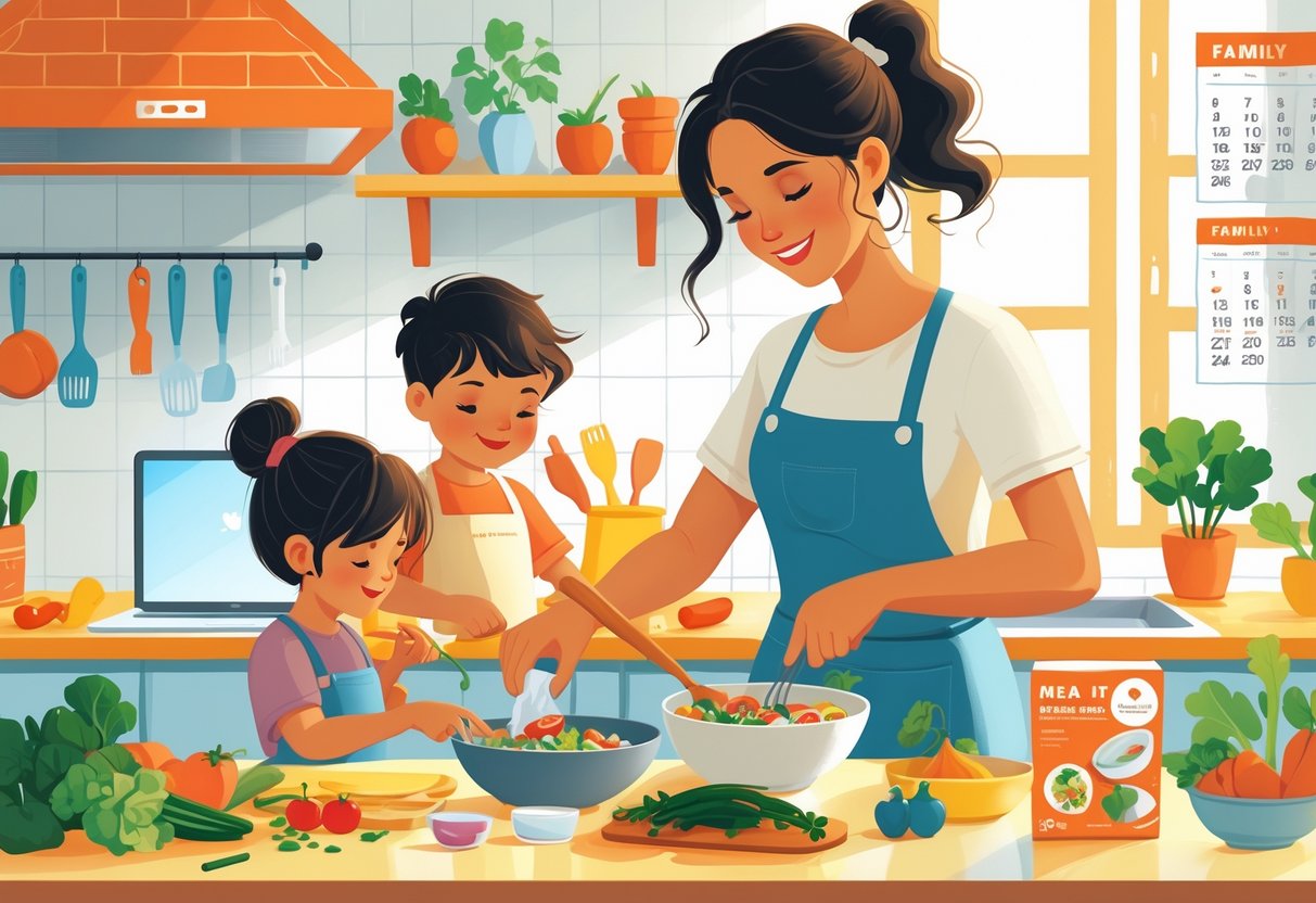 A mom cooking in the kitchen with her children, preparing a meal together with fresh ingredients and meal kit boxes nearby.