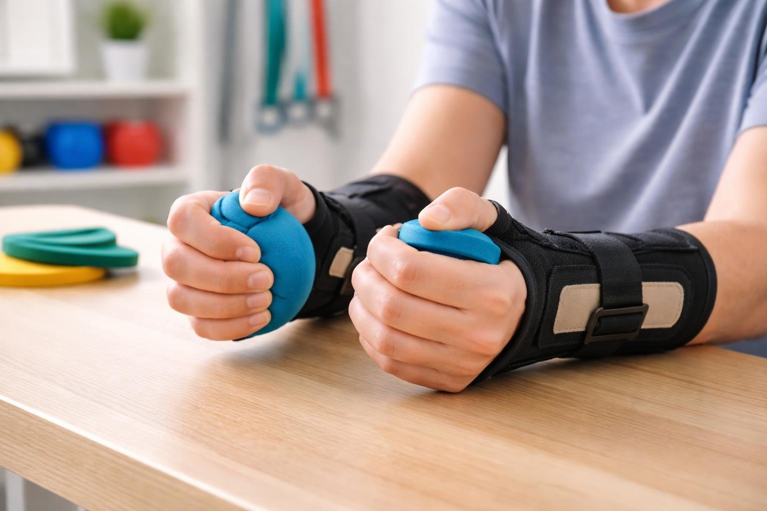 Close-up of hands wearing wrist braces squeezing a soft stress ball on a wooden table in a physical therapy room.