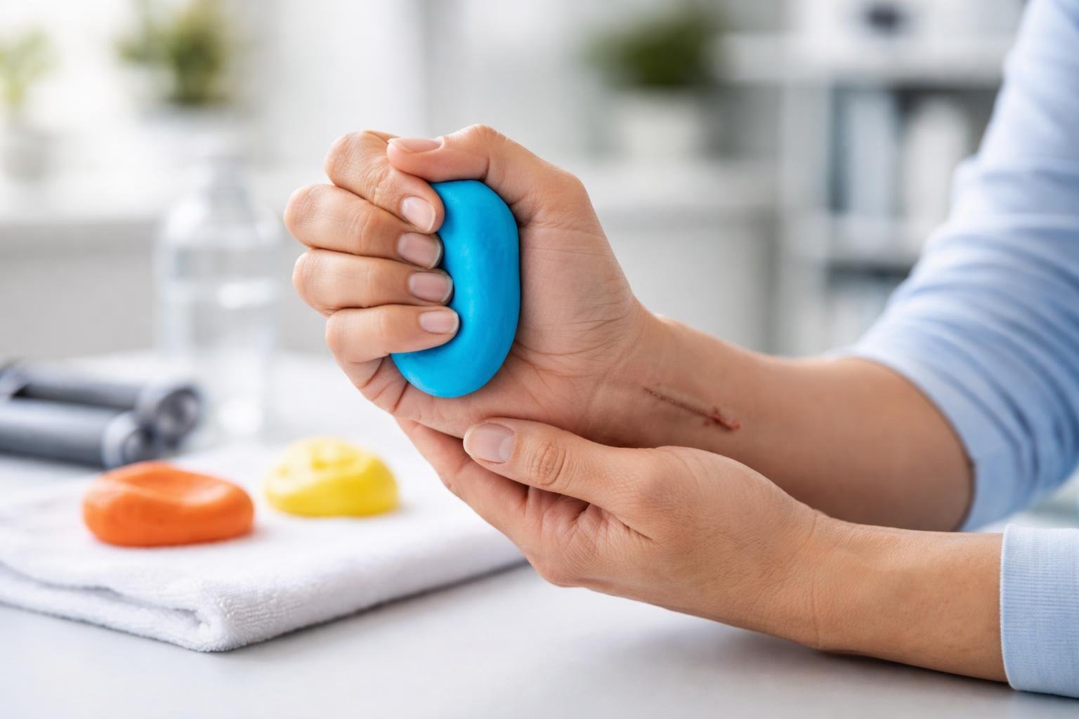 Close-up of a person’s hands performing gentle hand strengthening exercises with therapy putty in a physical therapy clinic.