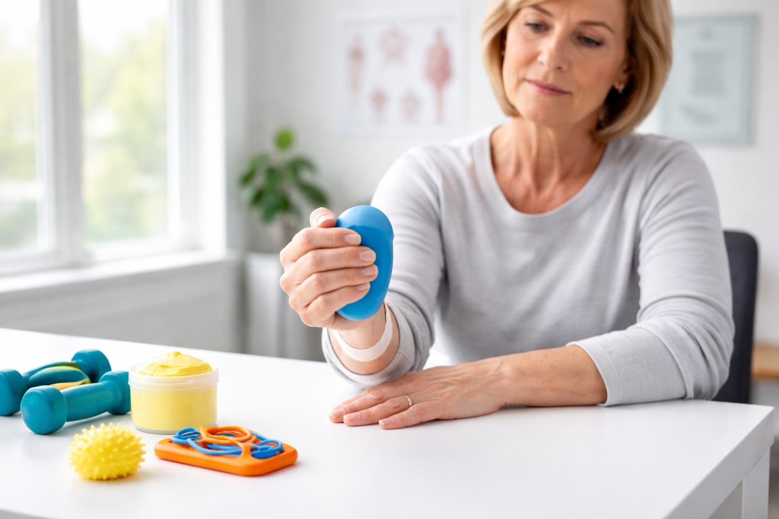 A person sitting at a table squeezing a hand therapy ball with one hand in a bright physical therapy room.