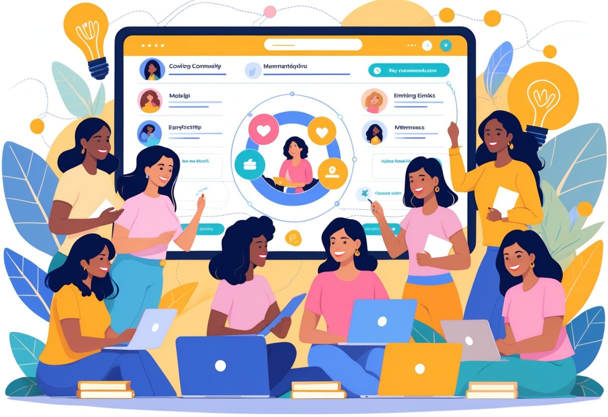 A group of diverse mom entrepreneurs working together around a large digital screen showing an online community platform.