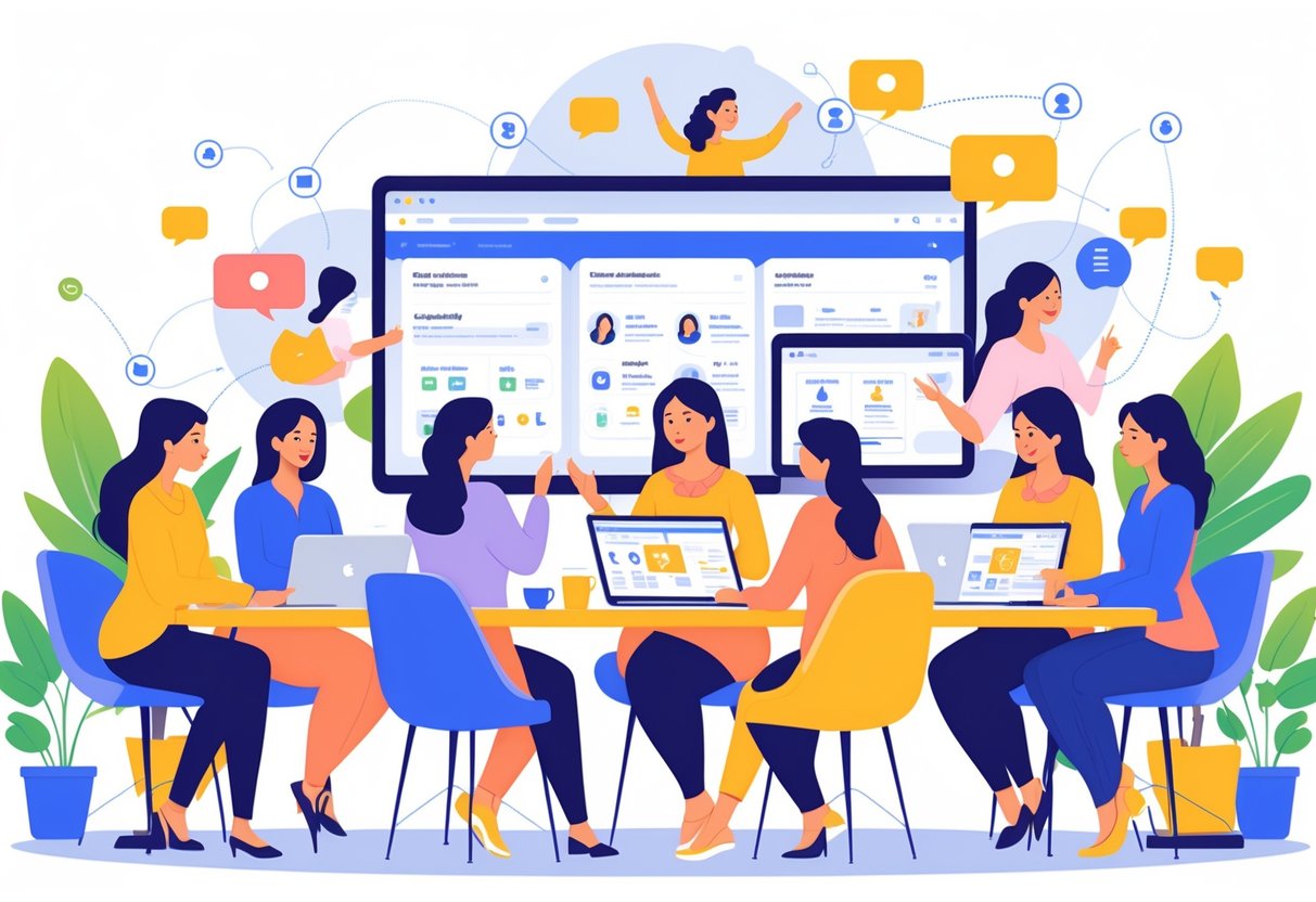 A group of diverse mom entrepreneurs working together around a table with laptops and tablets, discussing software options in a bright, modern workspace.