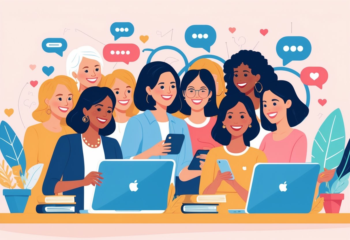 A diverse group of moms using digital devices and interacting in a warm, supportive online community setting.