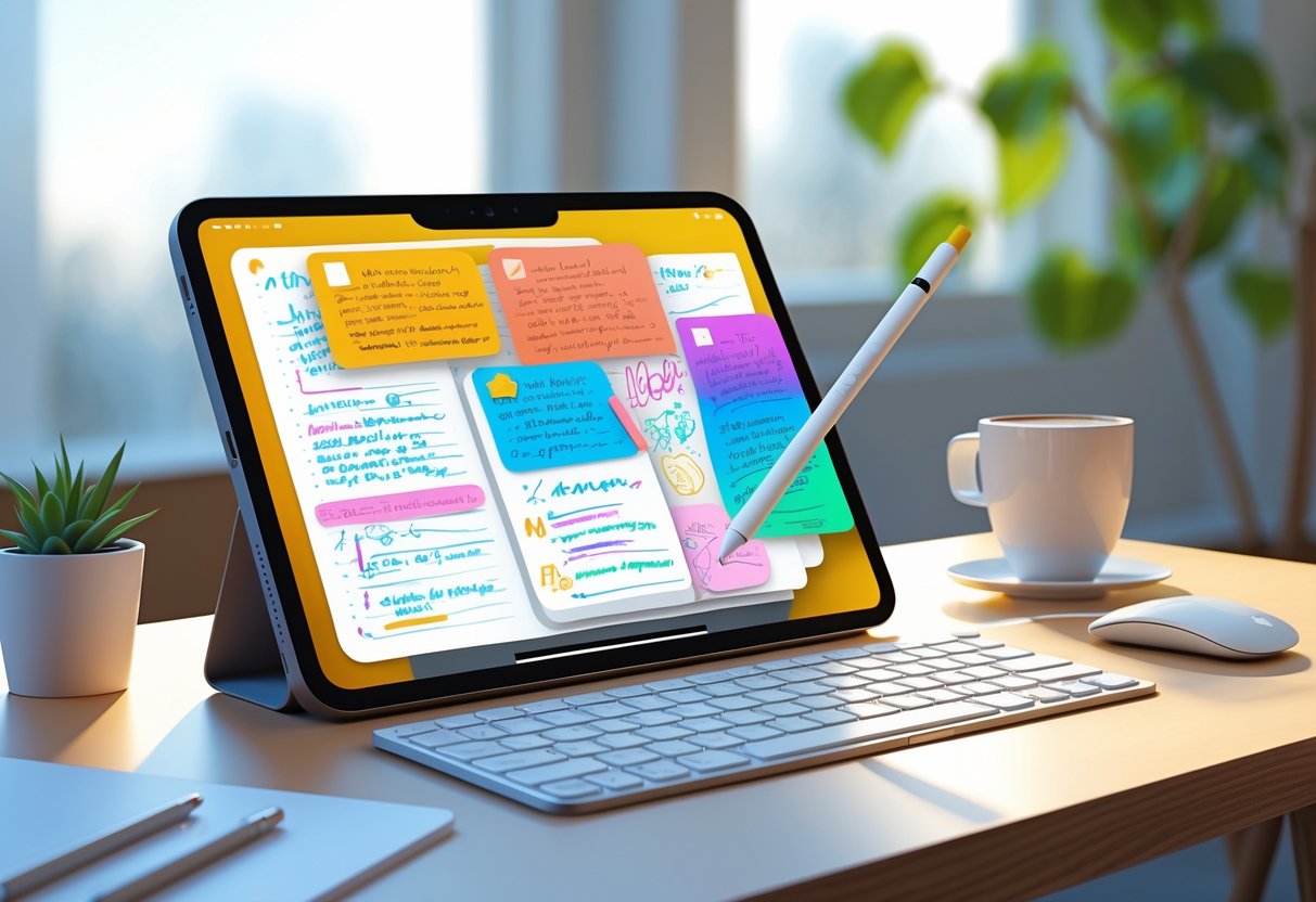 A tablet on a wooden desk showing handwritten notes with an Apple Pencil resting beside it, surrounded by a keyboard, coffee cup, and a small plant.