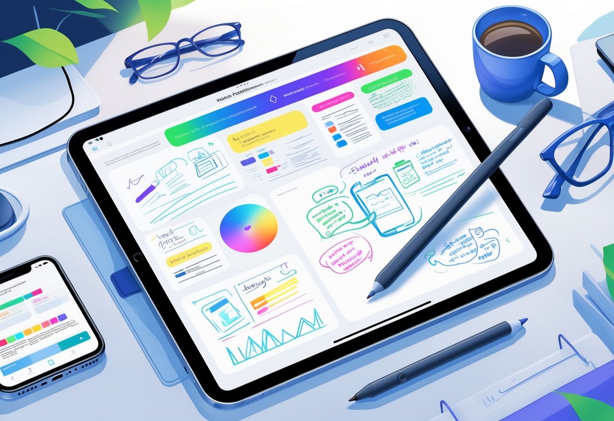 A tablet with handwritten notes and sketches on the screen, an Apple Pencil resting nearby, placed on a clean desk with a coffee cup and glasses.