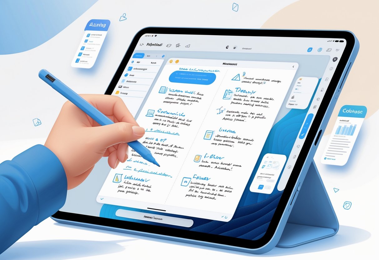 A hand using an Apple Pencil to write on a tablet displaying handwritten notes, with app icons representing note-taking applications around it.