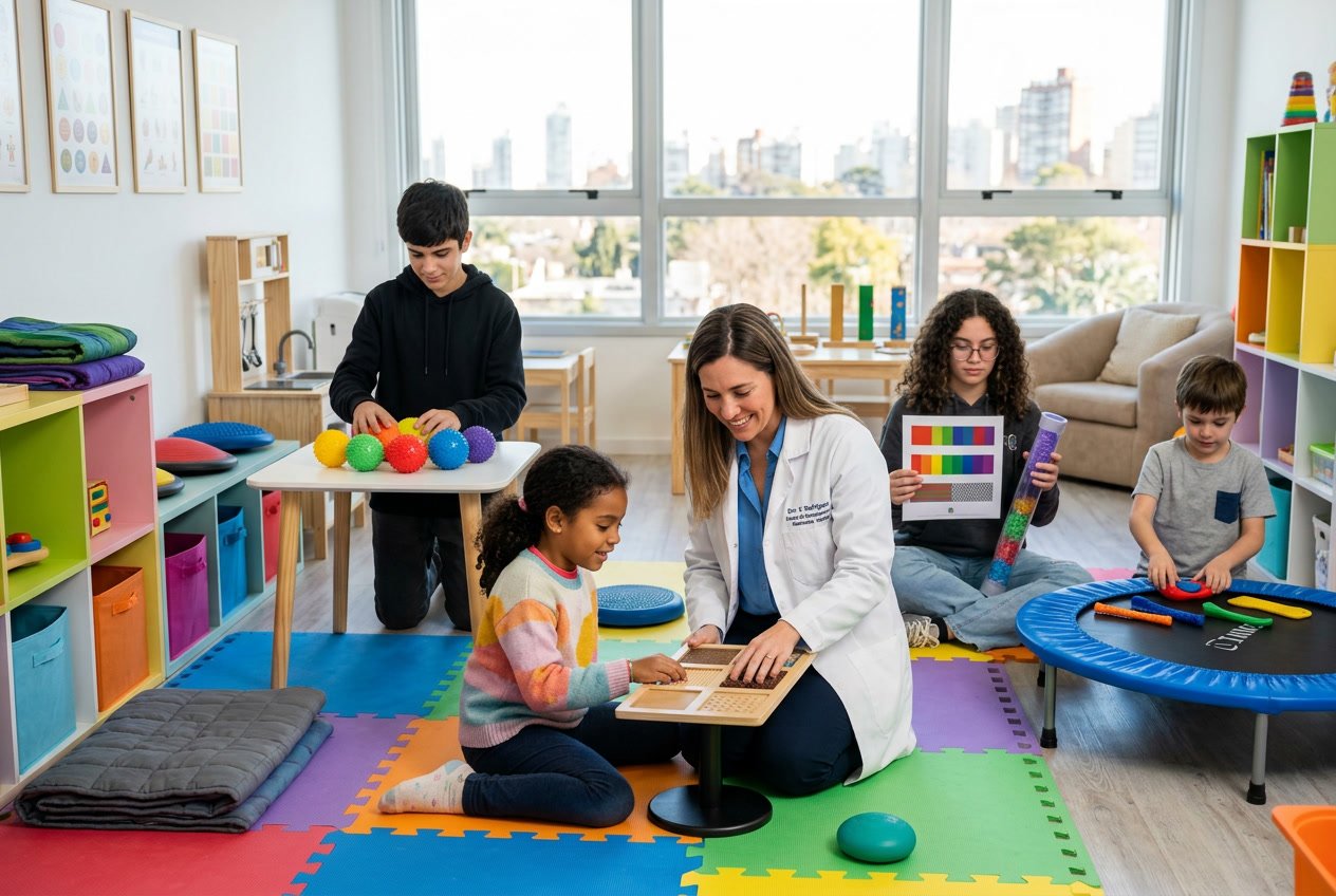 Niños y adolescentes participando en una evaluación sensorial guiada por un profesional de la salud en un consultorio luminoso y equipado.