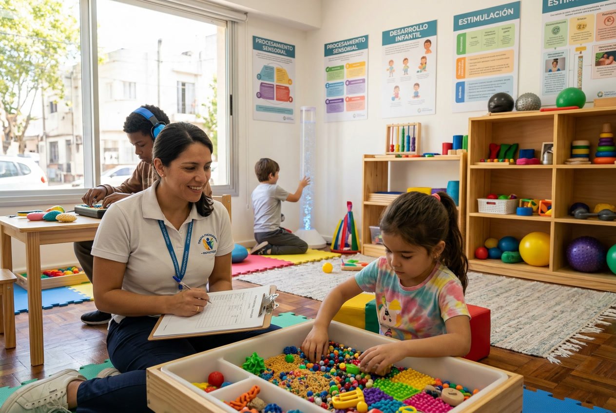 Un terapeuta ocupacional evaluando el perfil sensorial de niños y adolescentes en una sala clínica iluminada y equipada con materiales sensoriales.