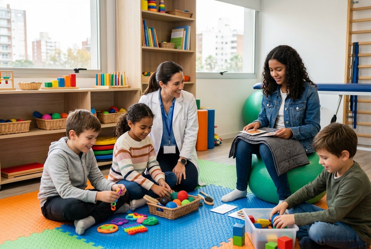 Terapeuta ocupacional evaluando el perfil sensorial de niños y adolescentes en una sala de terapia luminosa y equipada con materiales sensoriales.