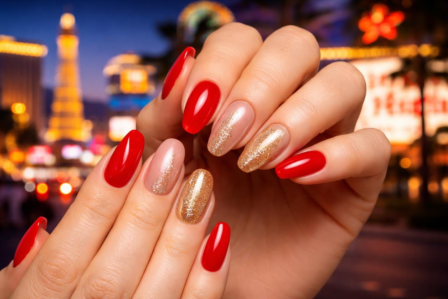 Close-up of a woman's hands with glossy hybrid gel nails in front of blurred Las Vegas city lights.