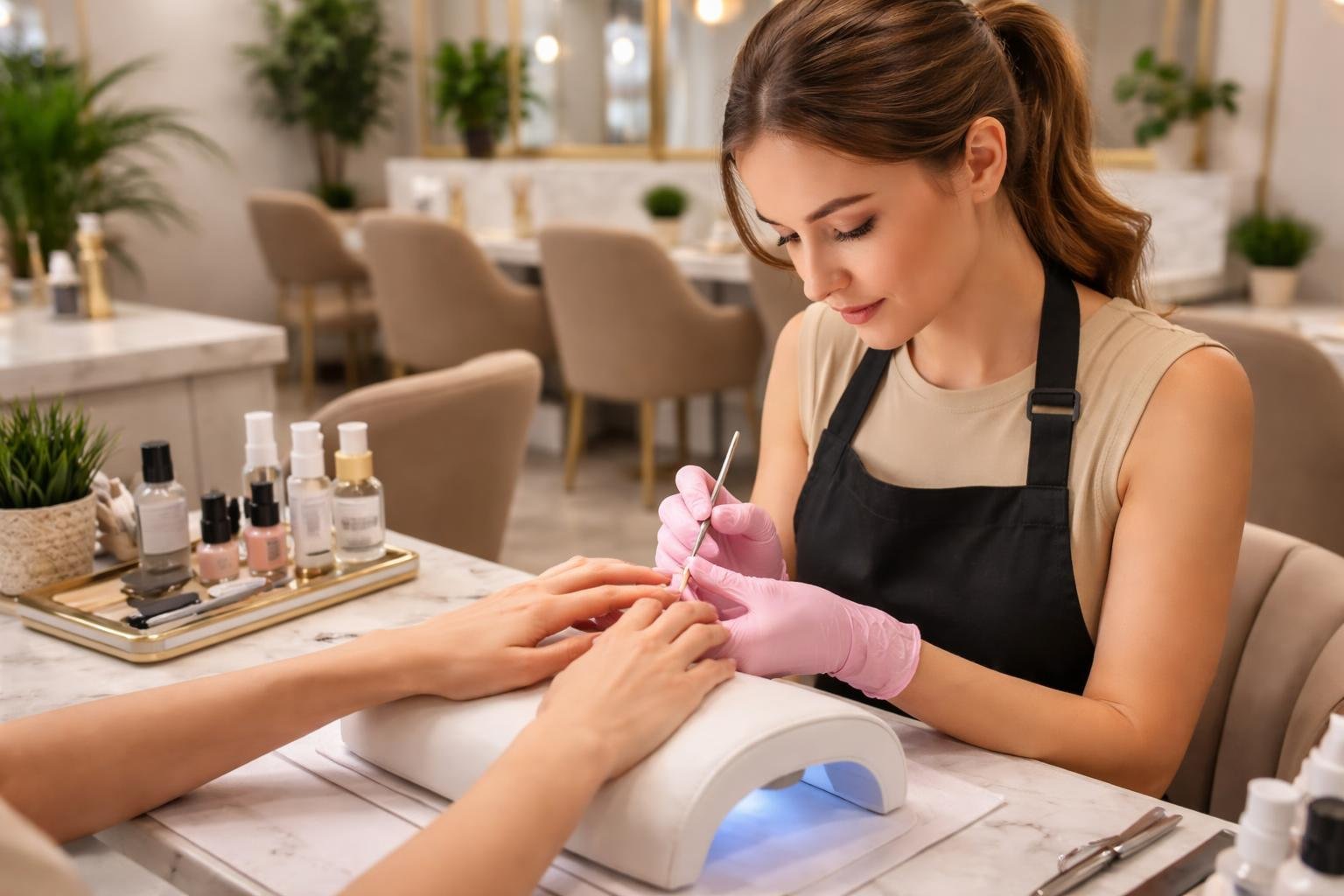 A nail technician applying hybrid gel nails to a client's hands in a modern nail salon.