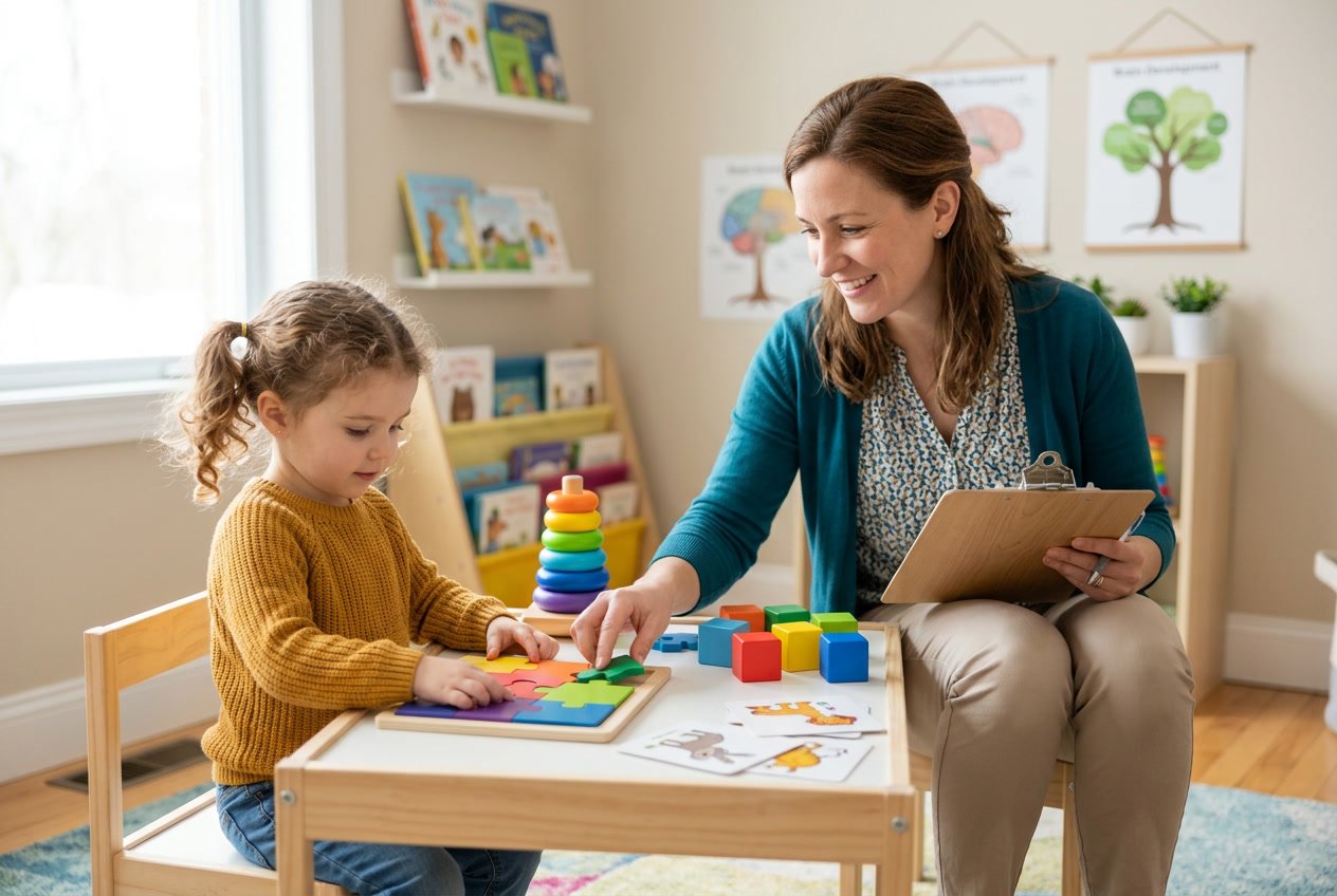 Un especialista en desarrollo infantil interactúa con un niño pequeño usando juguetes educativos en una consulta médica luminosa y acogedora.