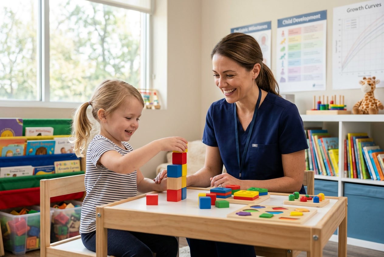 Una pediatra sonriente observa a un niño pequeño jugando con juguetes educativos en una consulta médica luminosa y acogedora.