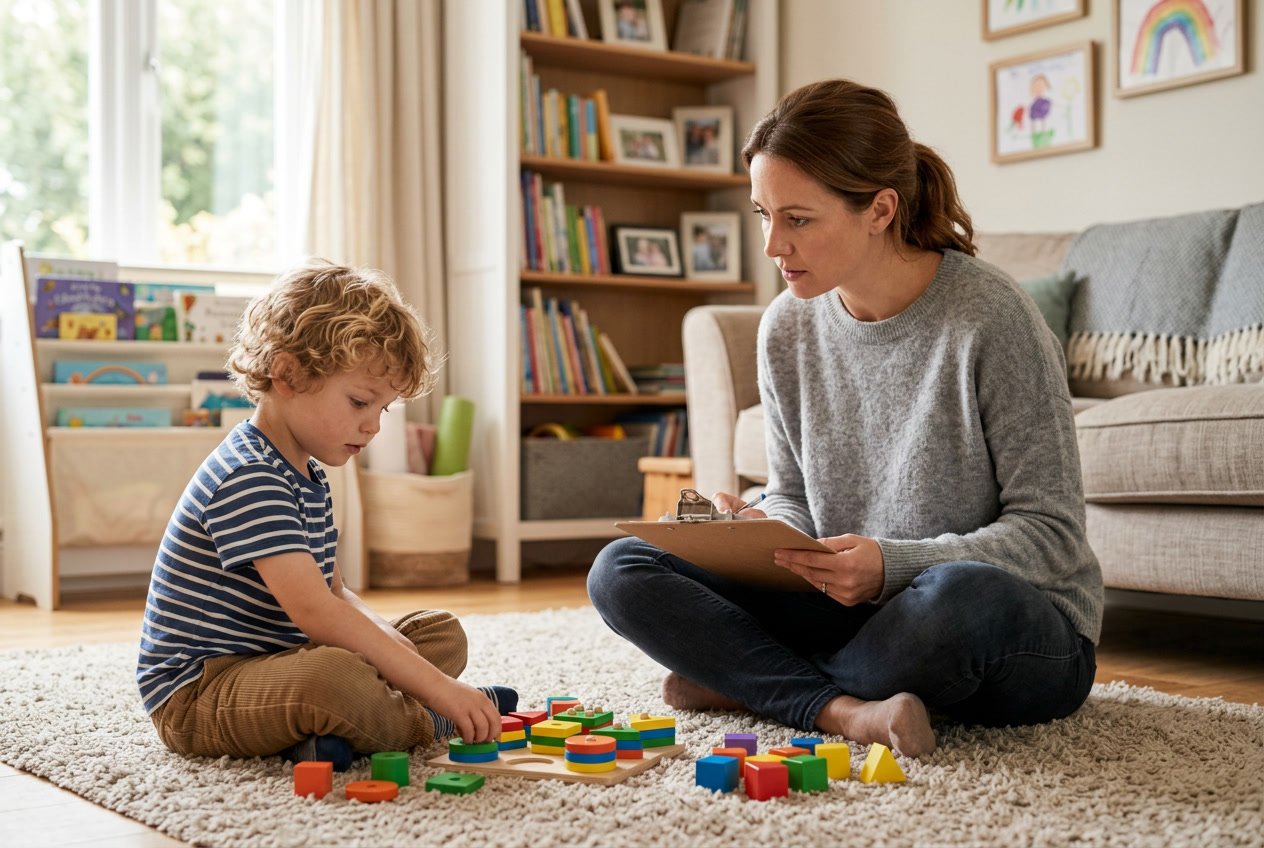 Un padre atento observa a su hijo mientras juega con juguetes educativos en un ambiente hogareño.
