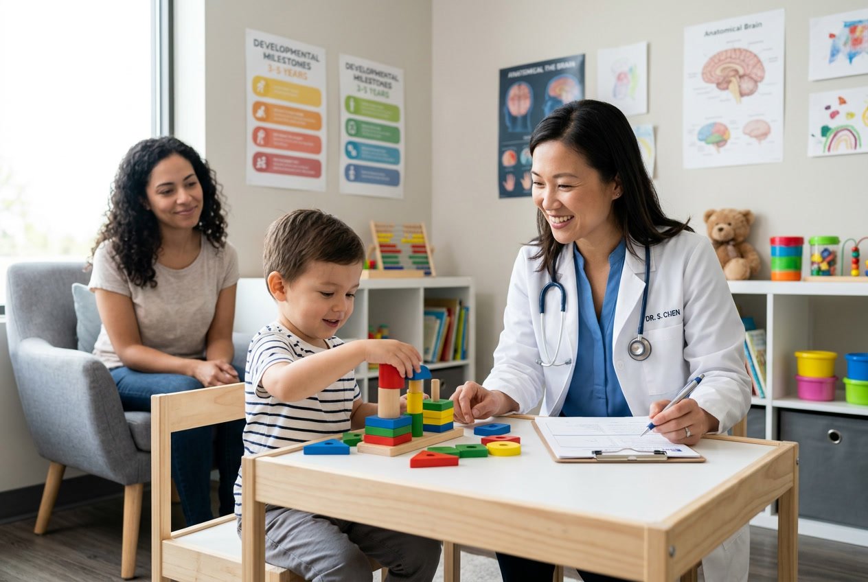 Un especialista pediátrico evalúa el desarrollo de un niño pequeño usando juguetes educativos en una clínica moderna, con un padre observando cerca.