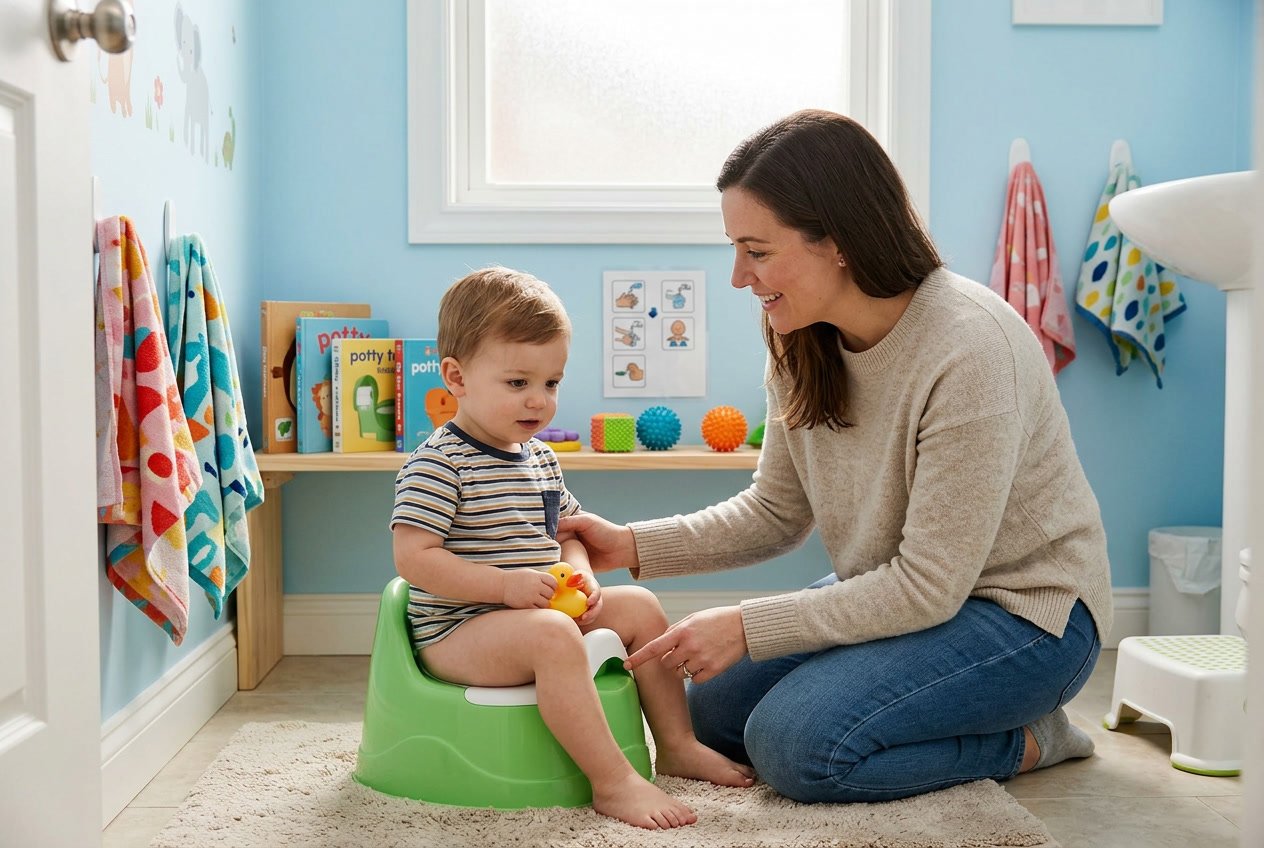 Un padre ayuda con paciencia a un niño pequeño que usa un orinal en un baño acogedor y bien iluminado.
