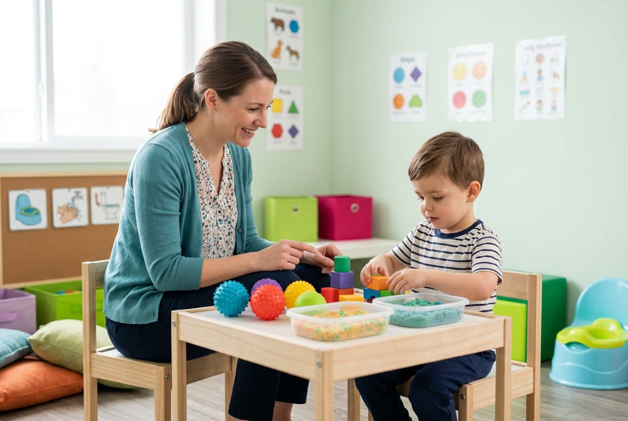 Una terapeuta ocupacional sonriente ayuda a un niño pequeño con juguetes sensoriales en una sala de terapia luminosa y amigable.
