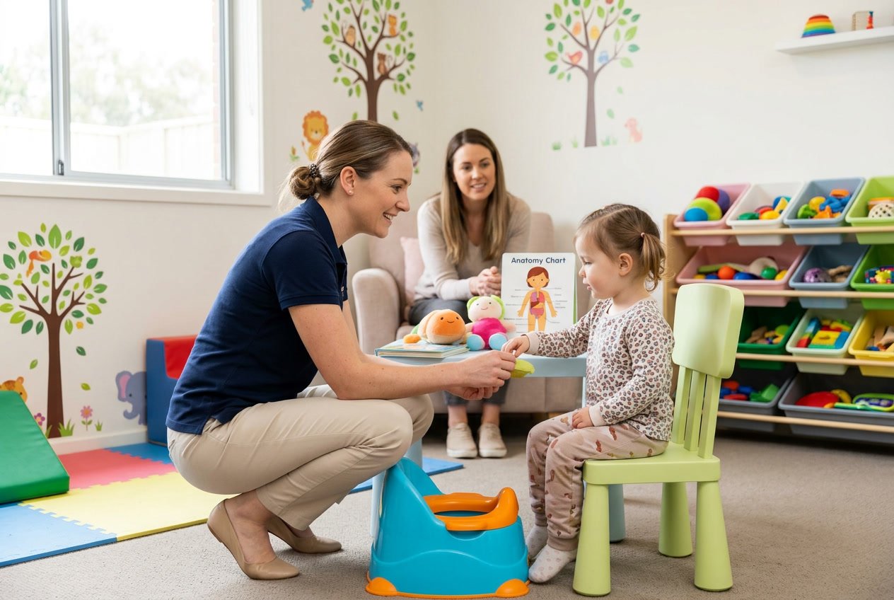 Un terapeuta ocupacional ayuda a un niño con entrenamiento para el control de esfínteres mientras un padre observa en una sala de terapia luminosa y acogedora.