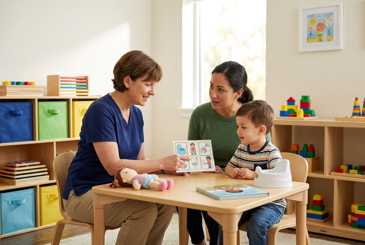 Una terapeuta ocupacional guía a un niño pequeño en técnicas para el control de esfínteres en un ambiente de terapia acogedor.