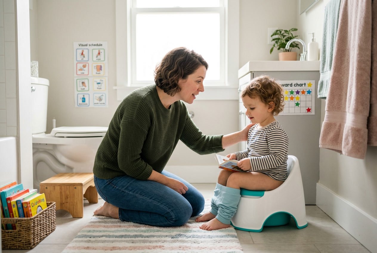 Un padre acompaña con paciencia a un niño pequeño en el baño, ayudándolo con el control de esfínteres en un ambiente hogareño y tranquilo.