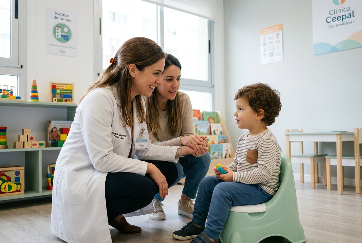 Un terapeuta ocupacional guía a un niño pequeño durante una sesión de entrenamiento para el control de esfínteres en una clínica, con un padre presente y elementos infantiles en el fondo.