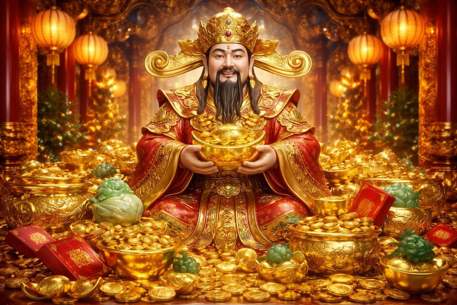 Patung emas Caishen yang dikelilingi harta karun dan dekorasi tradisional Tiongkok di dalam sebuah kuil yang mewah.