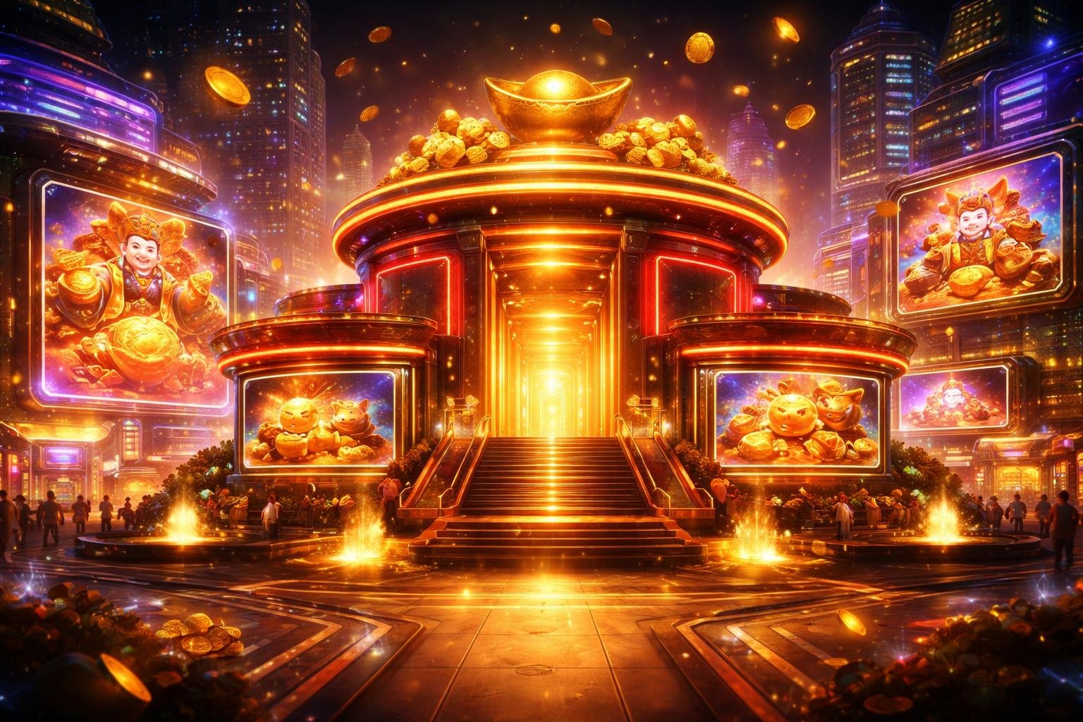 Gambaran pusat permainan WADUK89 dengan bangunan modern dan simbol keberuntungan seperti koin emas dan pesona keberuntungan di sekitarnya.