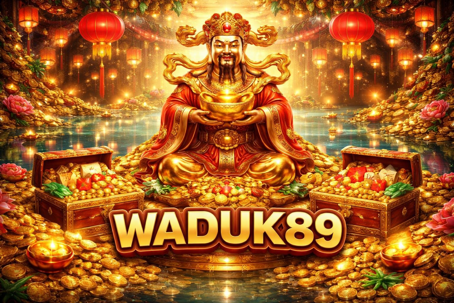 Patung emas Caishen dikelilingi harta karun dan waduk dengan dekorasi tradisional Cina yang memancarkan suasana kemakmuran.