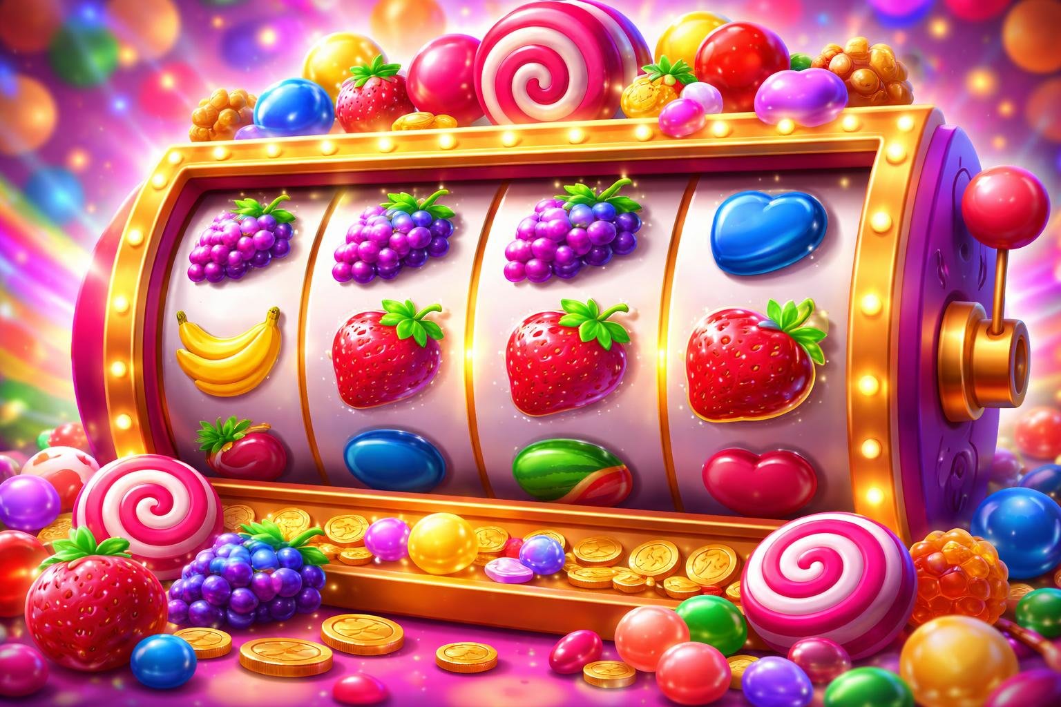 Mesin slot berwarna-warni dengan simbol buah dan permen yang berputar di layar, dikelilingi oleh elemen buah dan permen yang cerah.