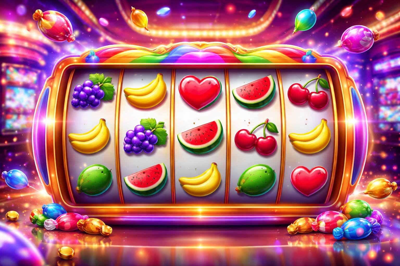 Tampilan permainan slot online dengan simbol buah berwarna-warni pada gulungan yang berputar di latar kasino yang terang dan meriah.