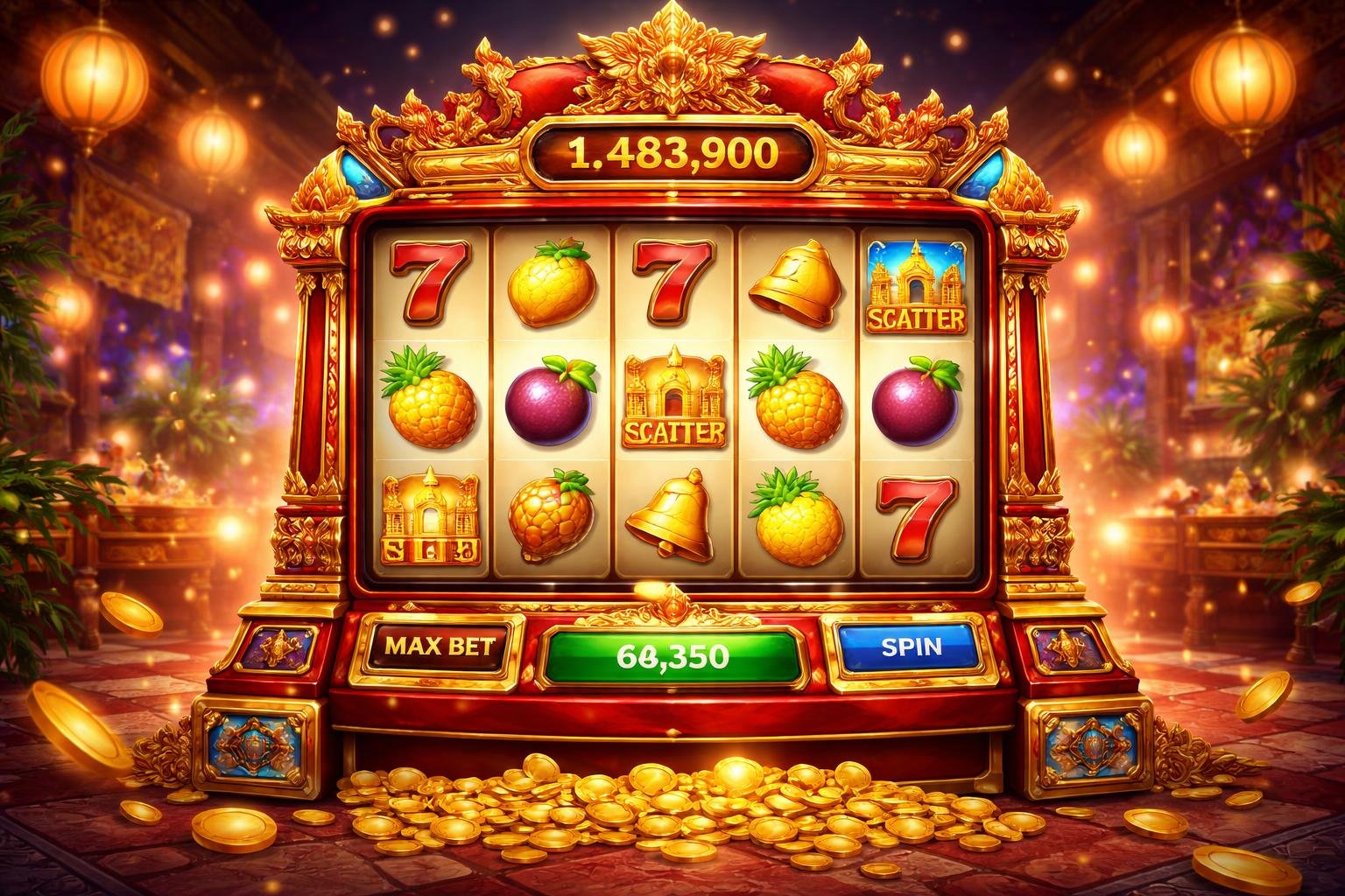 Tampilan mesin slot berwarna-warni dengan dekorasi tradisional Indonesia di dalam suasana kasino yang meriah.