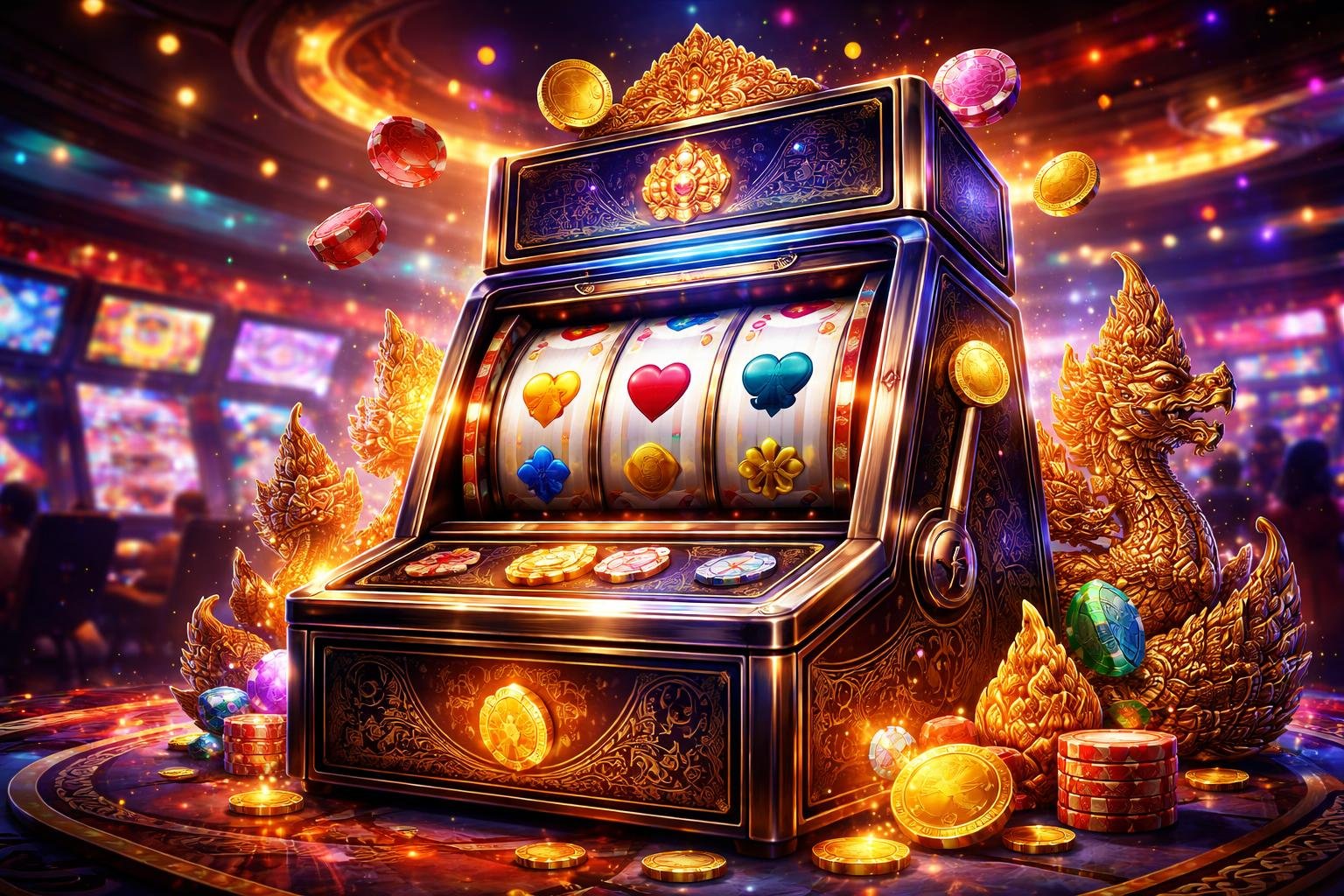 Adegan kasino dengan mesin slot modern yang menampilkan simbol keberuntungan dan ornamen budaya Indonesia di latar belakang yang ramai.
