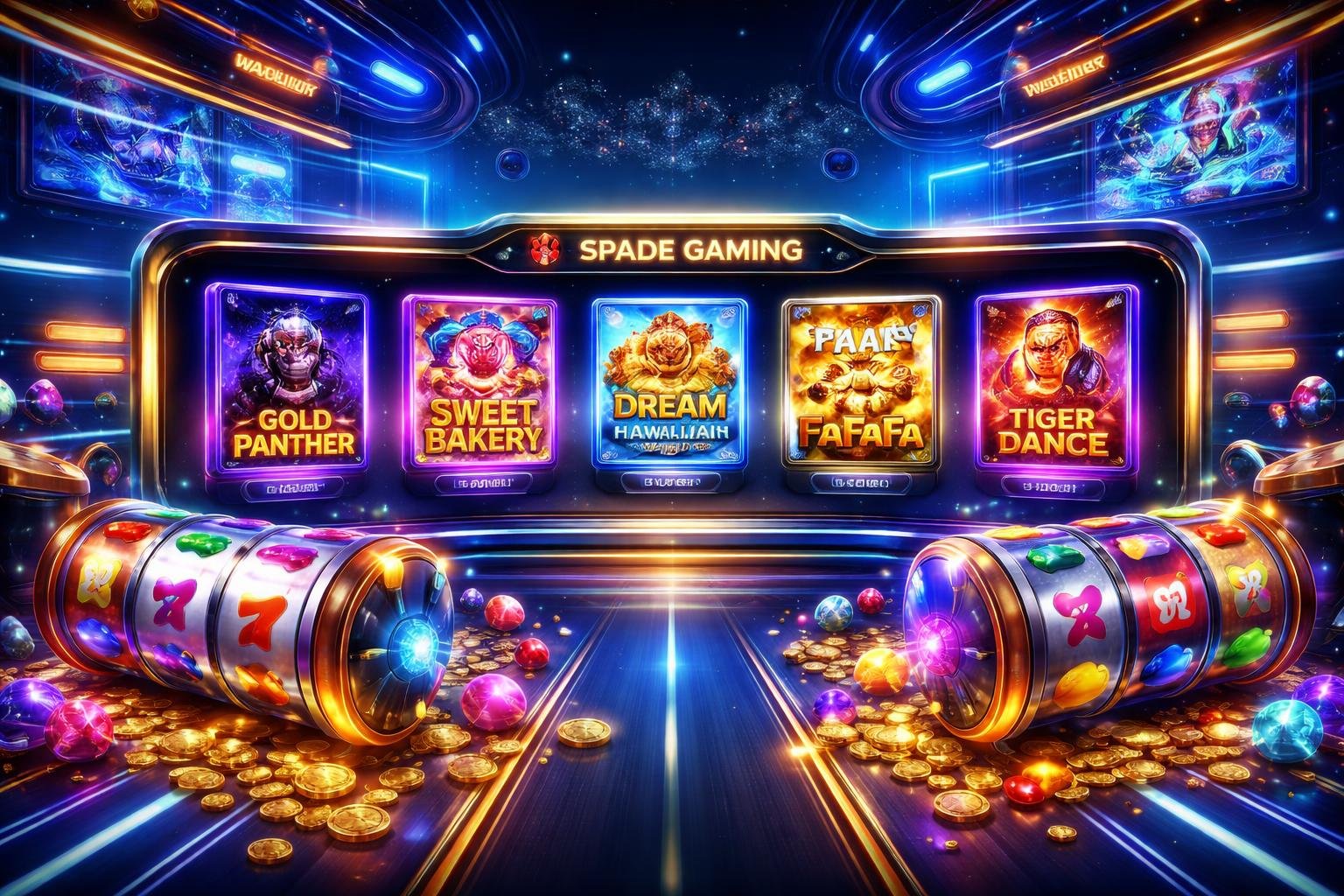 Tampilan antarmuka kasino online dengan mesin slot berwarna-warni dan latar belakang teknologi tinggi yang menampilkan peta Indonesia.