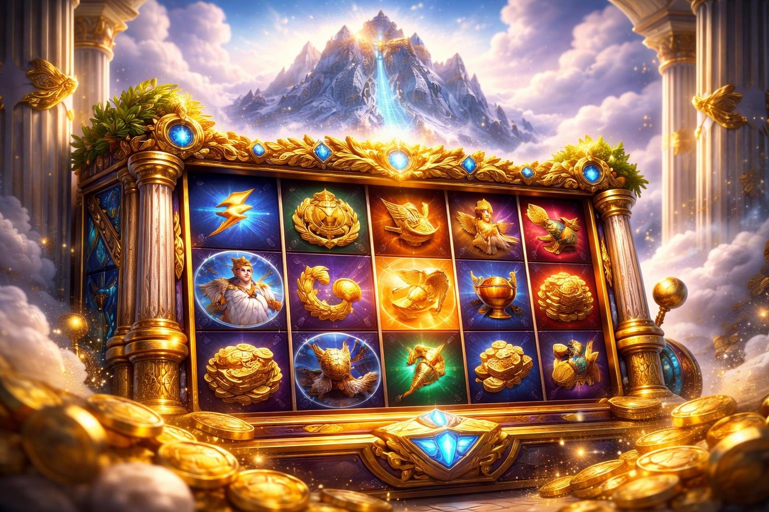 Mesin slot online bertema mitologi Olympus dengan latar belakang Gunung Olympus yang megah dan simbol mitos yang berkilau.
