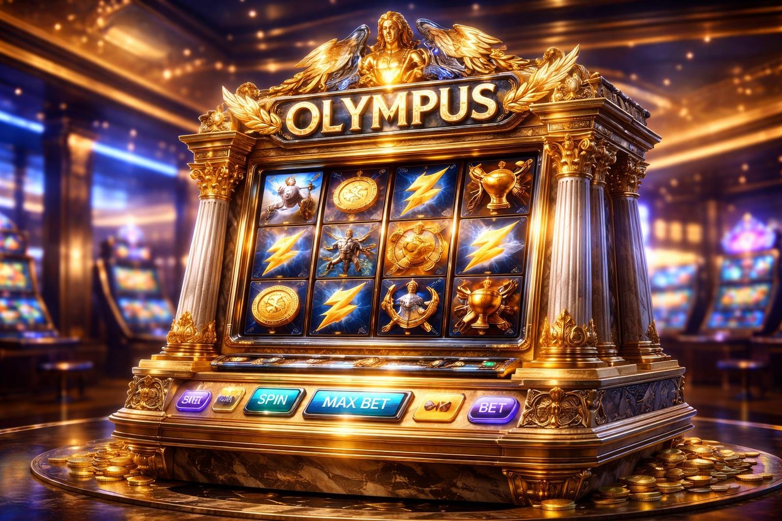 Mesin slot bertema Olympus dengan dekorasi kuno dan latar kasino modern yang menampilkan simbol mitologi Yunani dan suasana yang menarik.