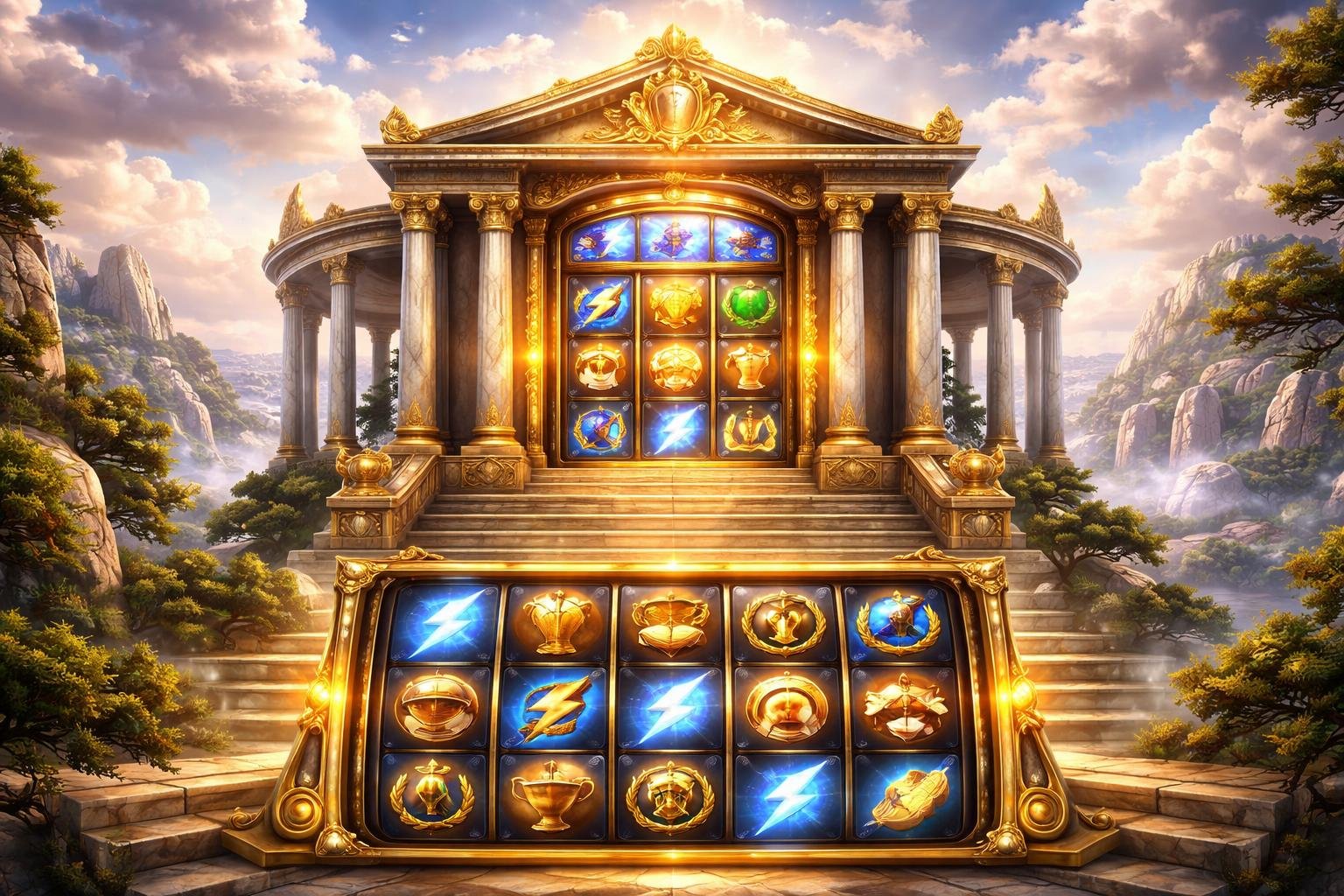 Pemandangan kuil kuno di Gunung Olympus dengan mesin slot emas yang menyala dan simbol mitologi Yunani, dikelilingi oleh pepohonan dan awan dramatis.