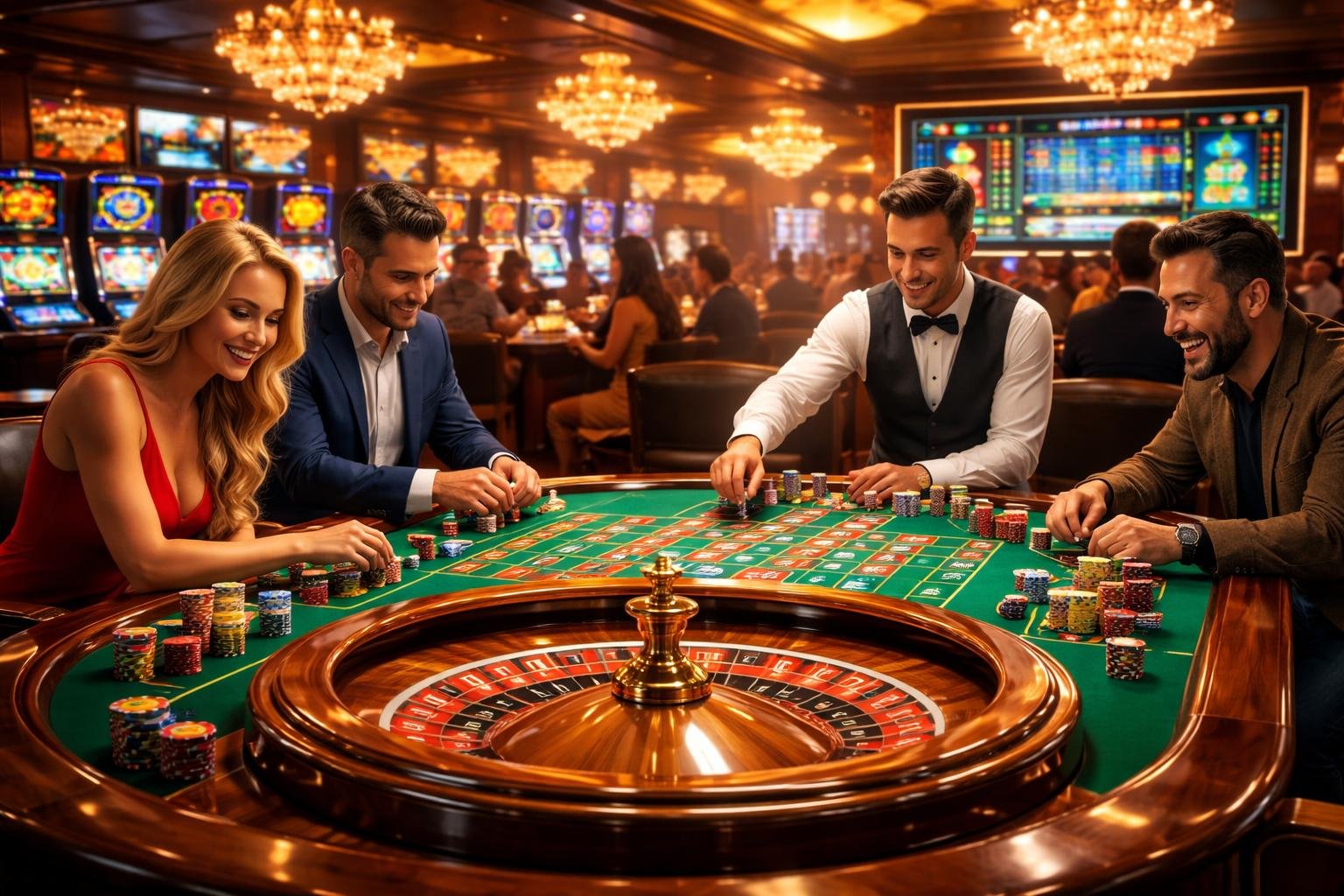 Suasana kasino langsung dengan beberapa pemain di meja roulette dan mesin slot di latar belakang.