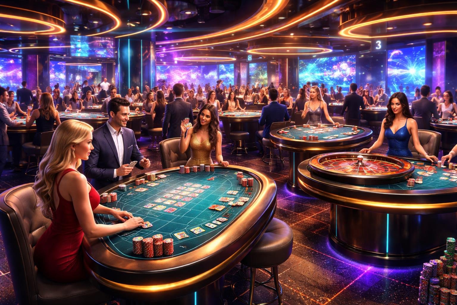 Suasana kasino langsung dengan pemain dan dealer yang sedang bermain di meja permainan, dikelilingi oleh lampu dan desain modern yang mewah.