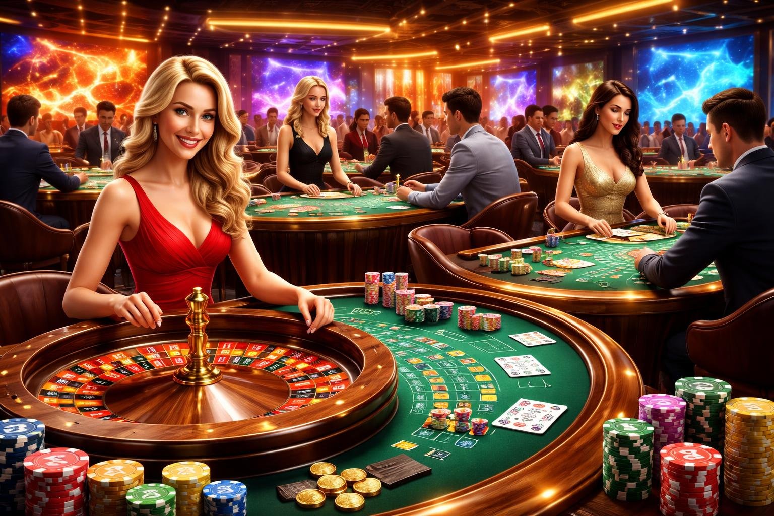 Suasana lantai kasino langsung dengan meja permainan dan dealer yang sibuk, menampilkan pemain yang fokus dan suasana penuh semangat.